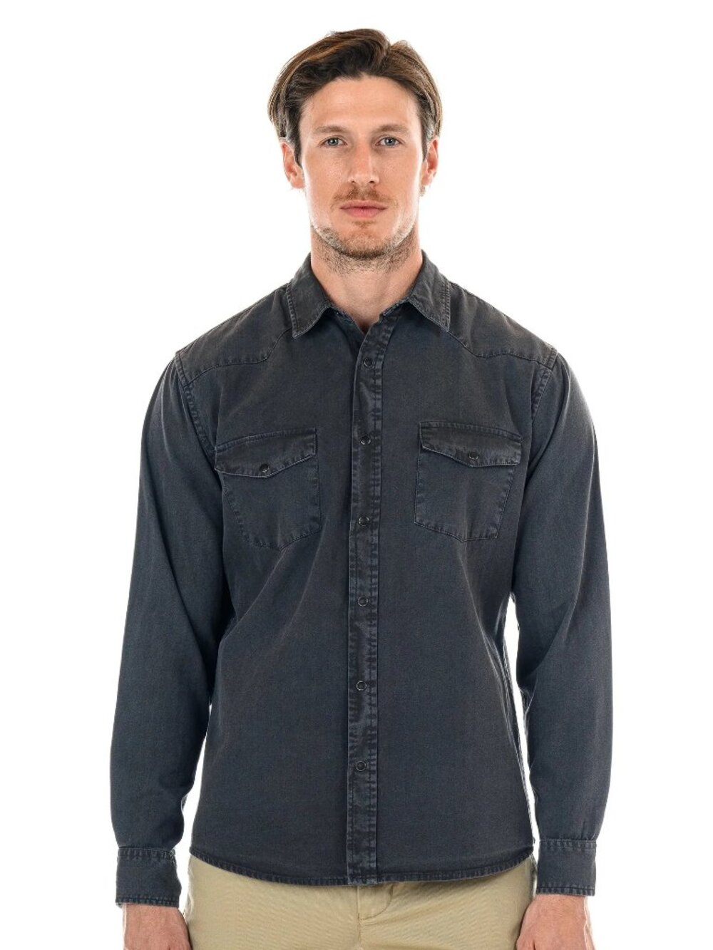Original Paperbacks Washed Grey Herringbone Long Sleeve Shirt